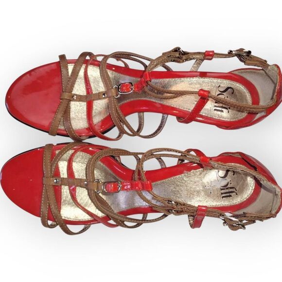 Sofft Womens Heels Sz 11 Red Tan Strappy Buckles‎ 3" High Patent Leather Comfort - Picture 6 of 13